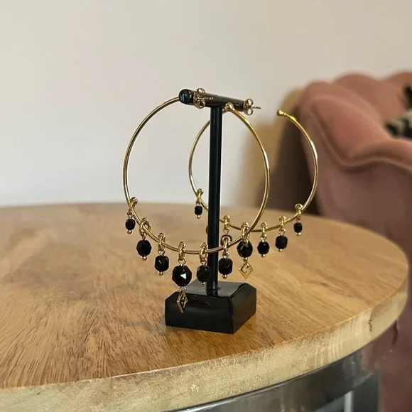 Fendi Gold Hoop Earrings with Black Bead Charms - Picture 6 of 7